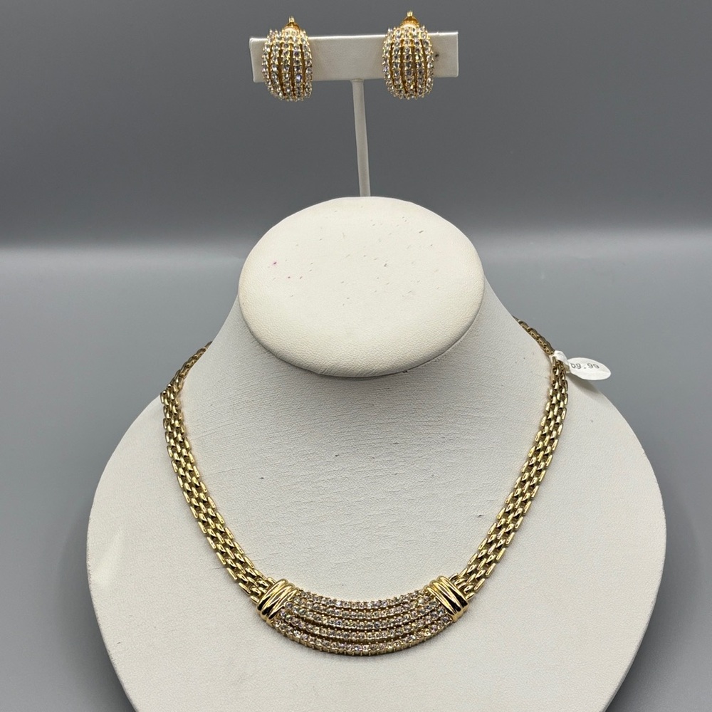 Gold and Silver Rhinestone FAC Necklace and Earring Set JP388